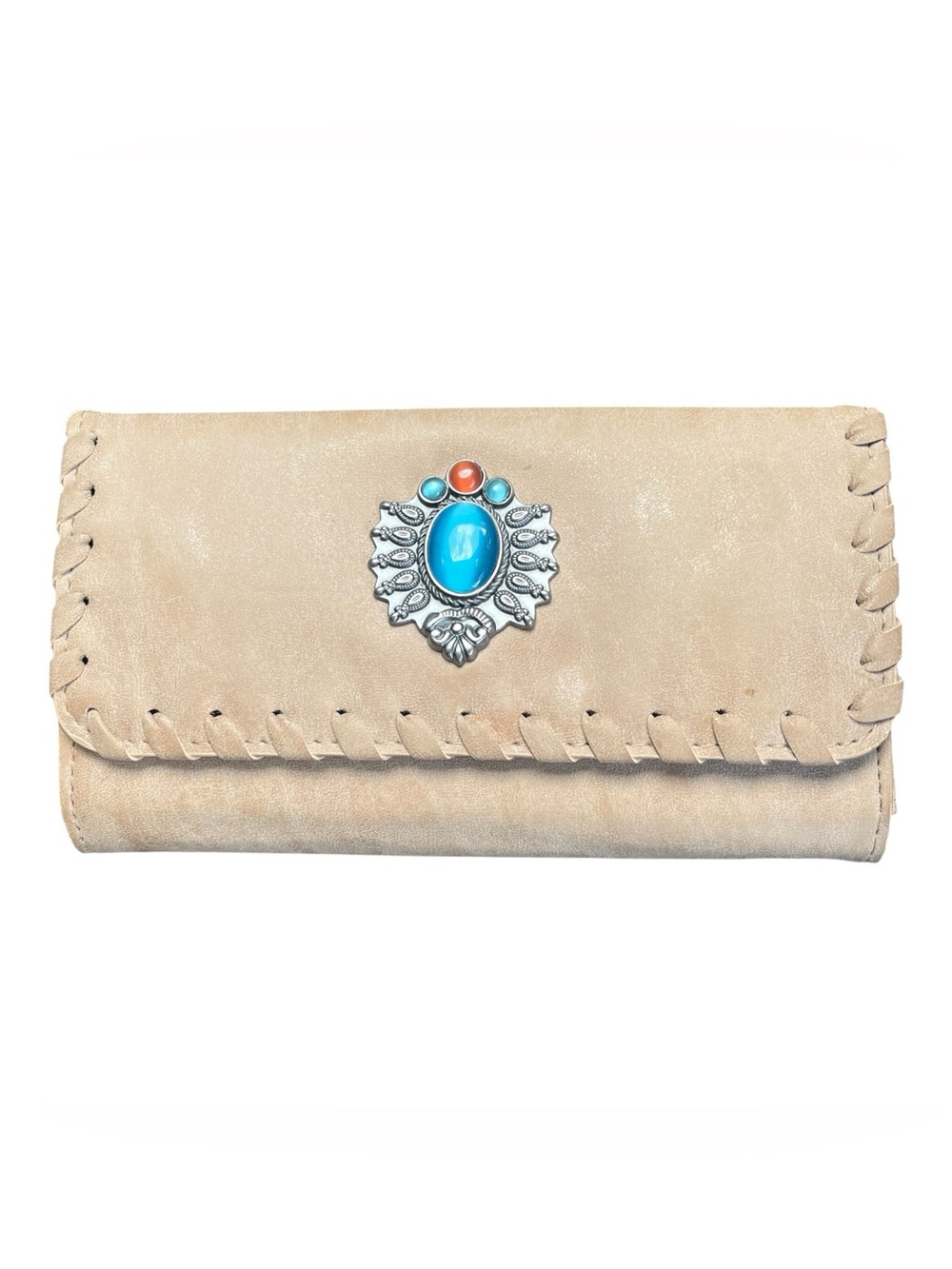 Bohemian Boho Native American Inspired Tan Wallet With Turquoise Gem. RN#93858
